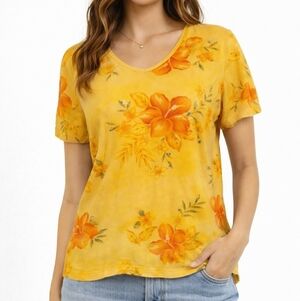 3/$30 BASIC EDITIONS Canary Yellow Tropical Floral Sequin T-shirt